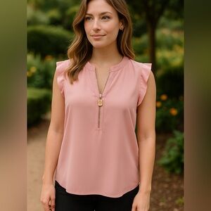 Michael Kors Blush Pink Zip Front Ruffle Sleeve Blouse Top Size S